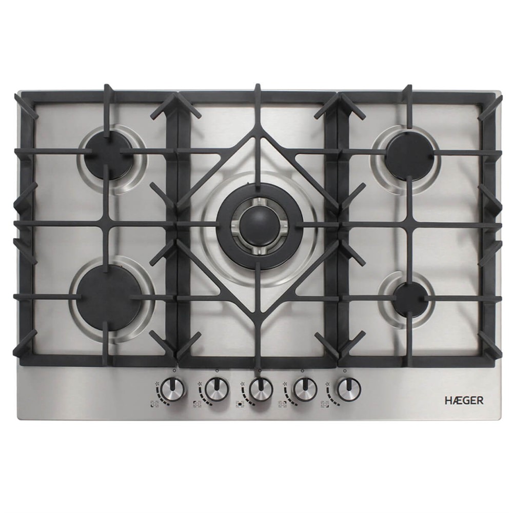 Placa Haeger a Gás Encastrável – 5 Zonas, 70cm, 1 Wok, Inox PG-5GI.006A