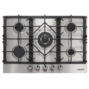 Placa Haeger a Gás Encastrável – 5 Zonas, 70cm, 1 Wok, Inox PG-5GI.006A