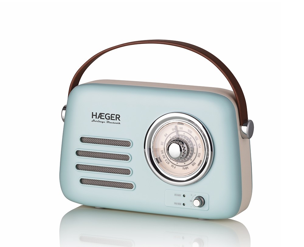 Rádio FM Vintage HAEGER Heritage Bluetooth – 12h Autonomia, AM/FM, USB, AUX, Bluetooh RB-BLU.002A