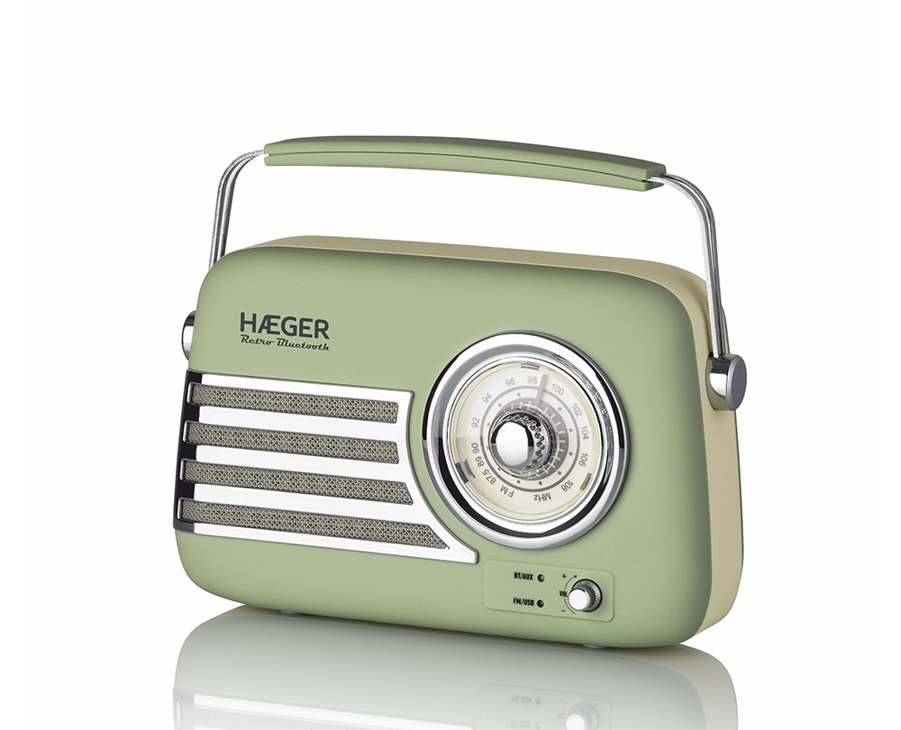 Rádio FM Vintage HAEGER Retro Bluetooth – 12H Autonomia, AM/FM, USB, AUX, RB-GRE.001A